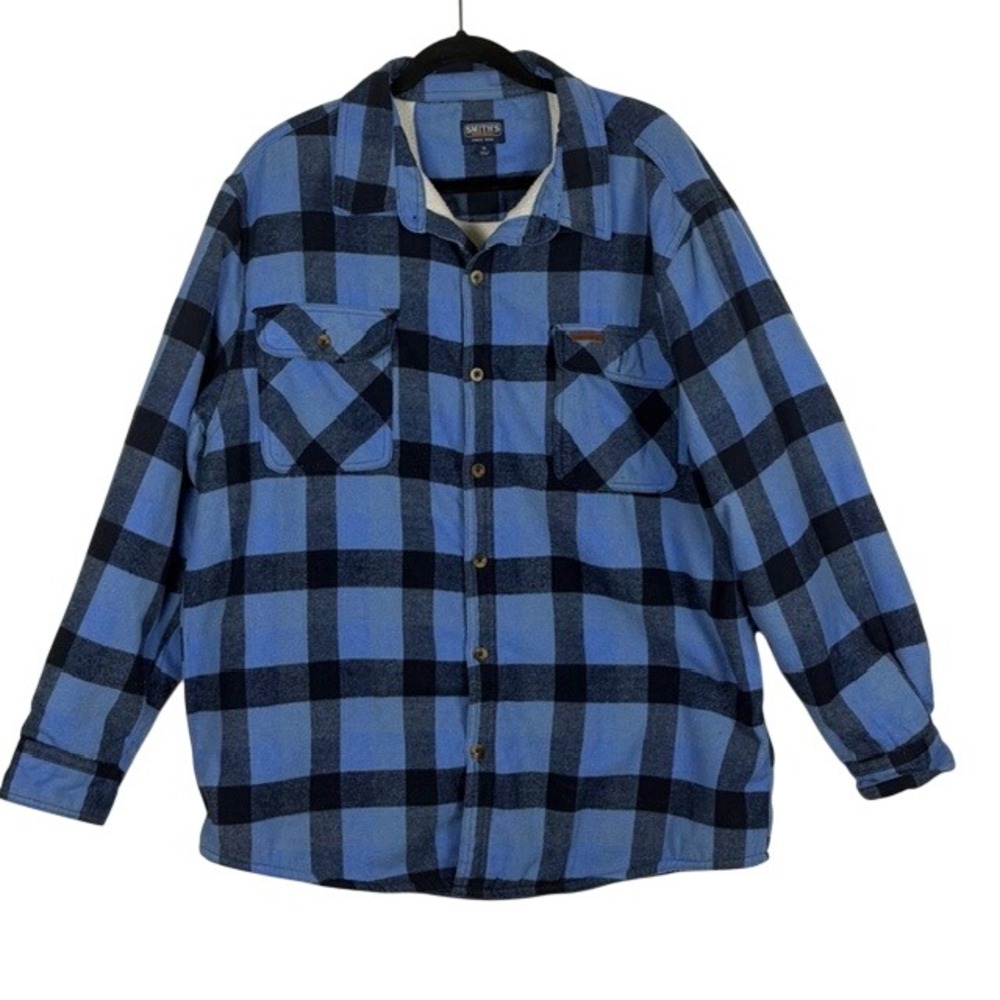Smiths Workwear Mens XL Blue‎ Black Buffalo Plaid Sherpa Lined Flannel Shacket